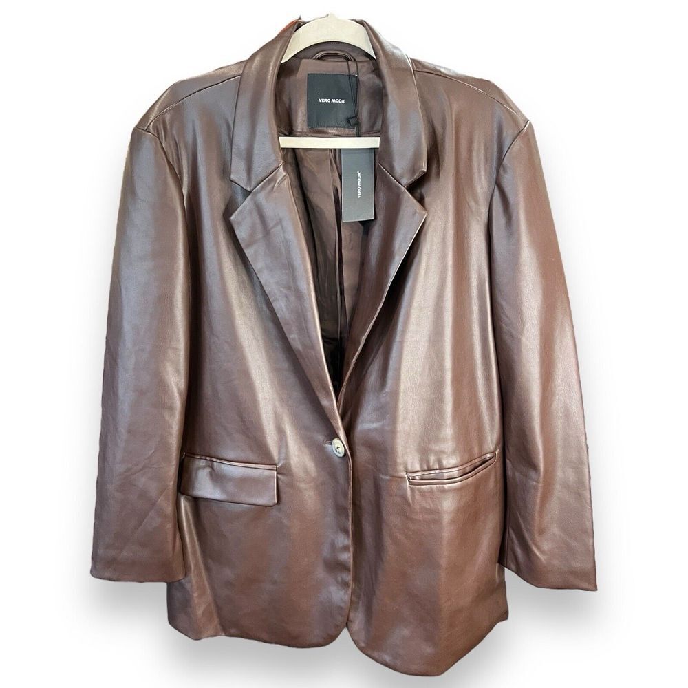 Vero Moda Blazer‎ Size M Olivia Faux Leather Blazer in Coffee Bean Pockets NWT